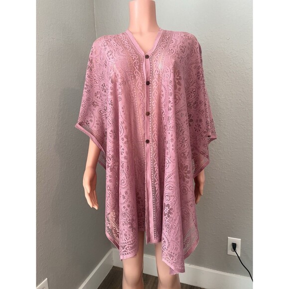 Peach pink Lace floral Open Front Kimono Beach Coverup Lightweight relaxed #211 - Picture 1 of 15
